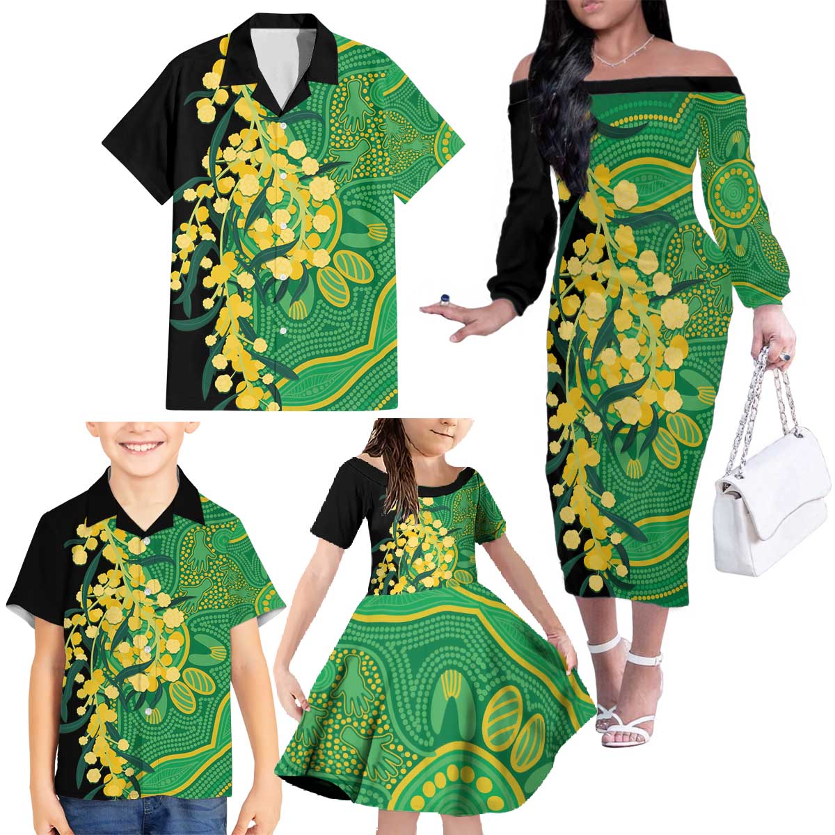 Australia Golden Wattle Family Matching Off The Shoulder Long Sleeve Dress and Hawaiian Shirt Aussie Native Flowers Indigenous Art - Aussie Hoodie