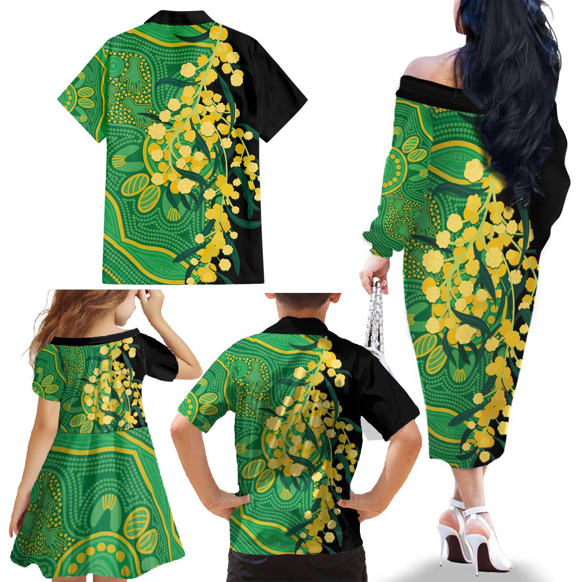 Australia Golden Wattle Family Matching Off The Shoulder Long Sleeve Dress and Hawaiian Shirt Aussie Native Flowers Indigenous Art - Aussie Hoodie