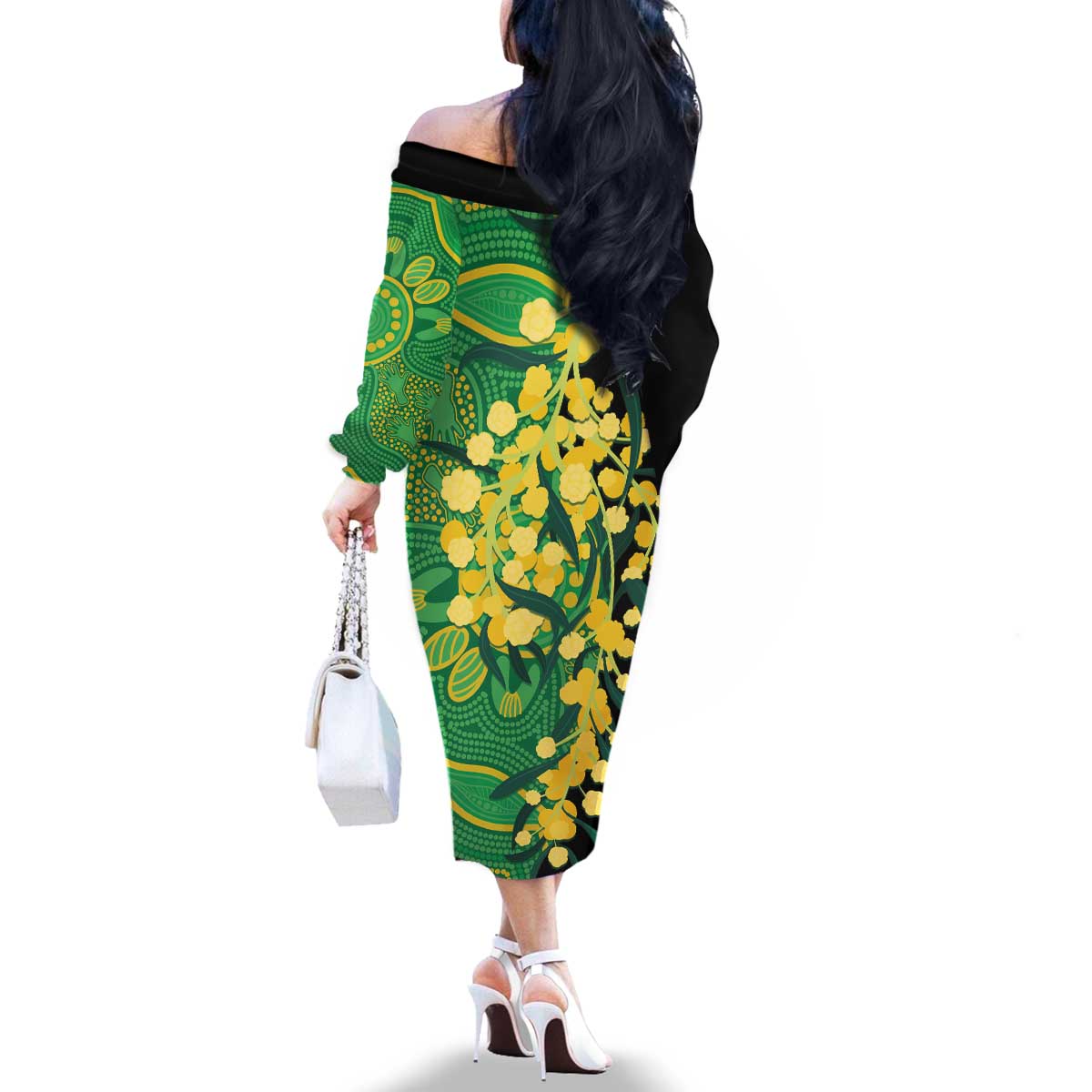 Australia Golden Wattle Family Matching Off The Shoulder Long Sleeve Dress and Hawaiian Shirt Aussie Native Flowers Indigenous Art - Aussie Hoodie