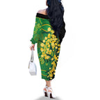 Australia Golden Wattle Family Matching Off The Shoulder Long Sleeve Dress and Hawaiian Shirt Aussie Native Flowers Indigenous Art - Aussie Hoodie