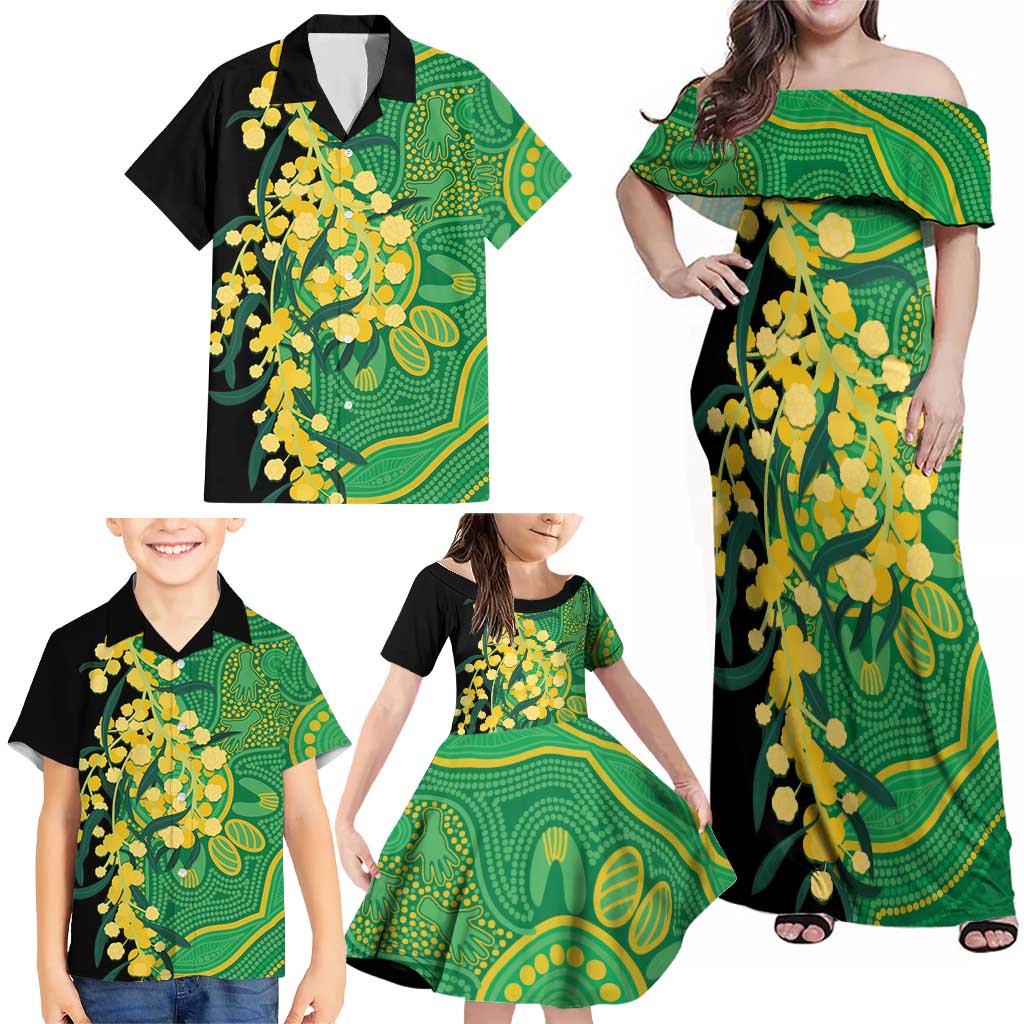 Australia Golden Wattle Family Matching Off Shoulder Maxi Dress and Hawaiian Shirt Aussie Native Flowers Indigenous Art - Aussie Hoodie