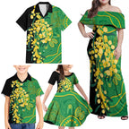 Australia Golden Wattle Family Matching Off Shoulder Maxi Dress and Hawaiian Shirt Aussie Native Flowers Indigenous Art - Aussie Hoodie