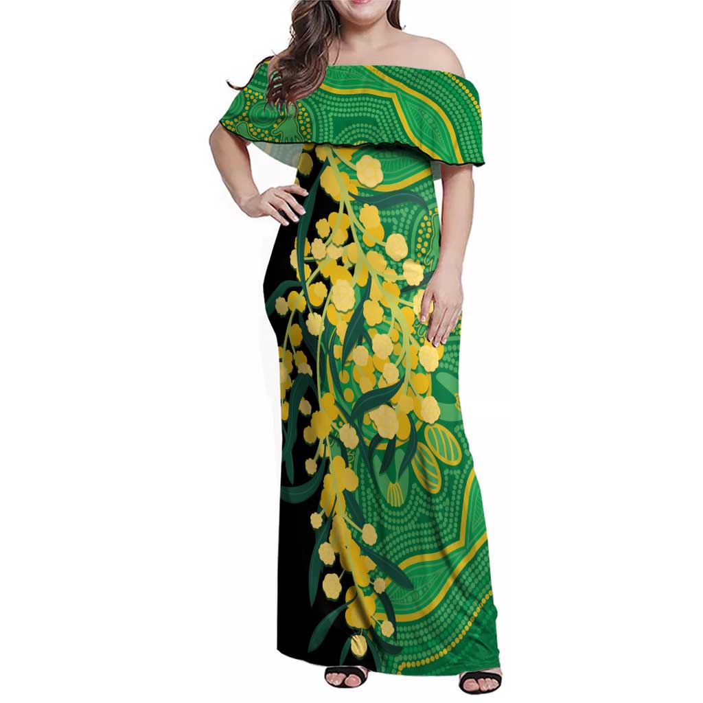Australia Golden Wattle Family Matching Off Shoulder Maxi Dress and Hawaiian Shirt Aussie Native Flowers Indigenous Art - Aussie Hoodie