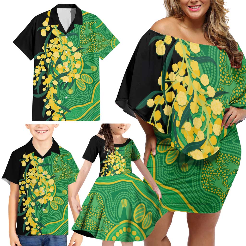 Australia Golden Wattle Family Matching Off Shoulder Short Dress and Hawaiian Shirt Aussie Native Flowers Indigenous Art - Aussie Hoodie