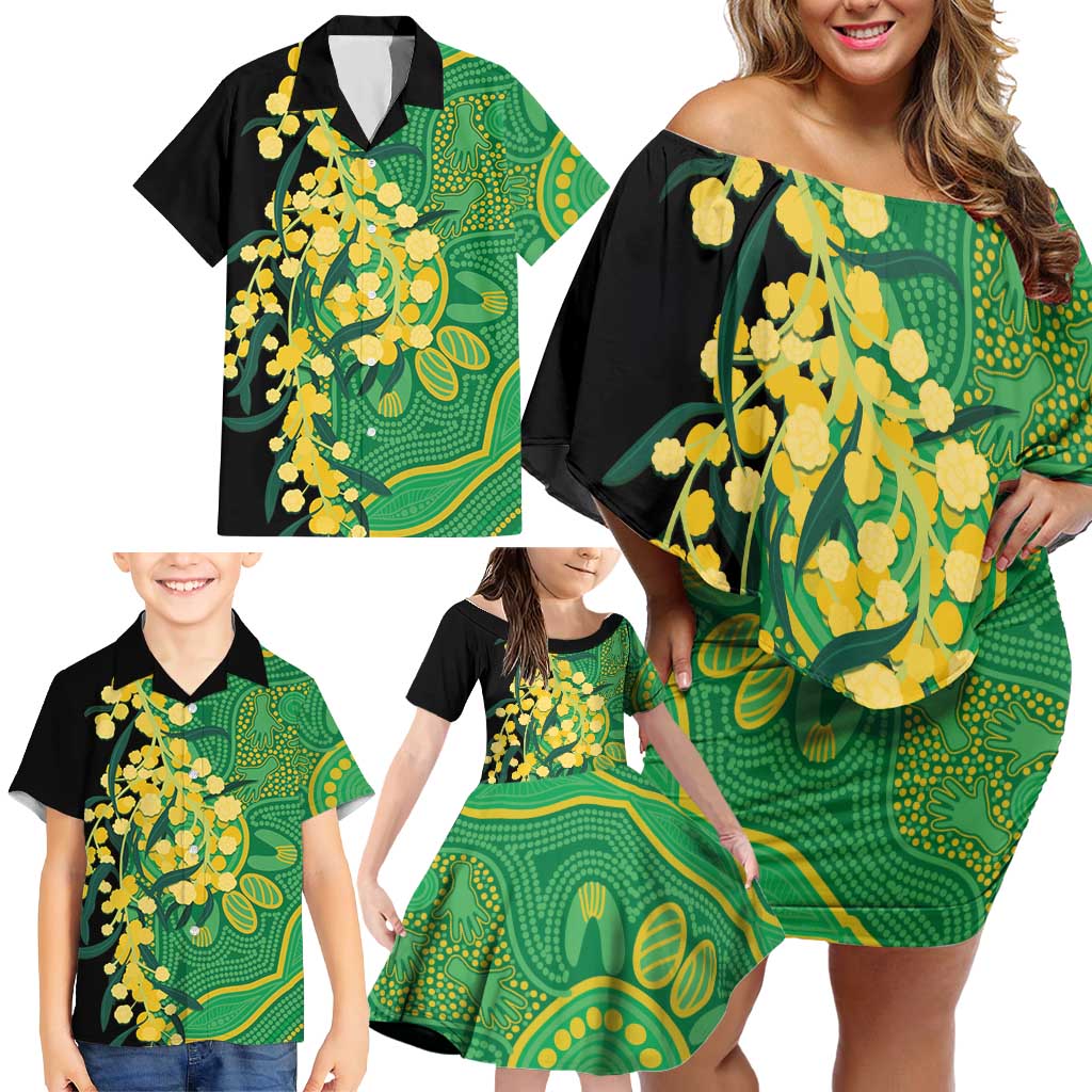 Australia Golden Wattle Family Matching Off Shoulder Short Dress and Hawaiian Shirt Aussie Native Flowers Indigenous Art - Aussie Hoodie