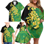 Australia Golden Wattle Family Matching Off Shoulder Short Dress and Hawaiian Shirt Aussie Native Flowers Indigenous Art - Aussie Hoodie