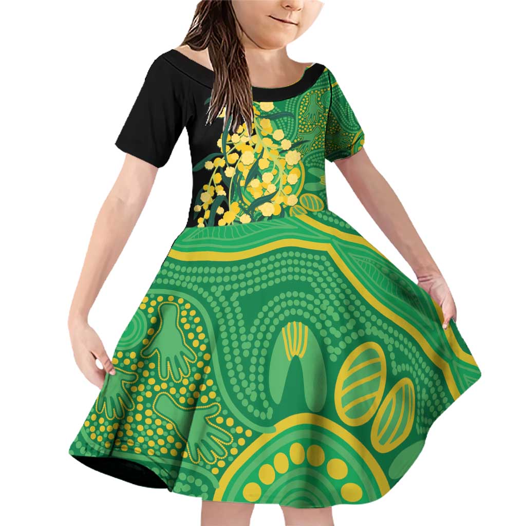 Australia Golden Wattle Family Matching Off Shoulder Short Dress and Hawaiian Shirt Aussie Native Flowers Indigenous Art - Aussie Hoodie