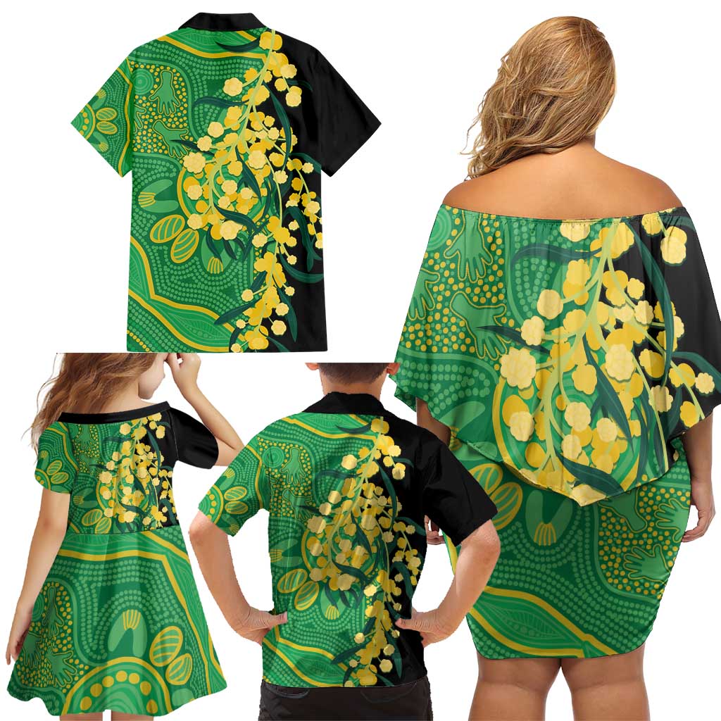 Australia Golden Wattle Family Matching Off Shoulder Short Dress and Hawaiian Shirt Aussie Native Flowers Indigenous Art - Aussie Hoodie