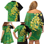 Australia Golden Wattle Family Matching Off Shoulder Short Dress and Hawaiian Shirt Aussie Native Flowers Indigenous Art - Aussie Hoodie