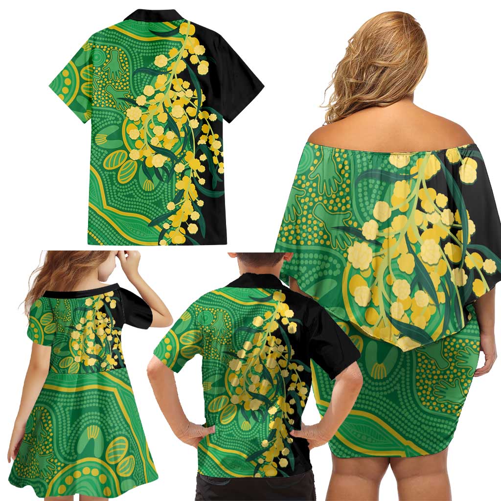 Australia Golden Wattle Family Matching Off Shoulder Short Dress and Hawaiian Shirt Aussie Native Flowers Indigenous Art - Aussie Hoodie