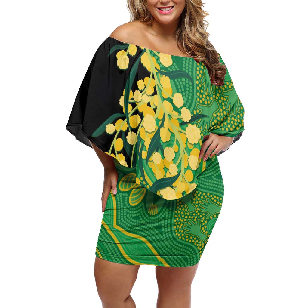 Australia Golden Wattle Family Matching Off Shoulder Short Dress and Hawaiian Shirt Aussie Native Flowers Indigenous Art - Aussie Hoodie