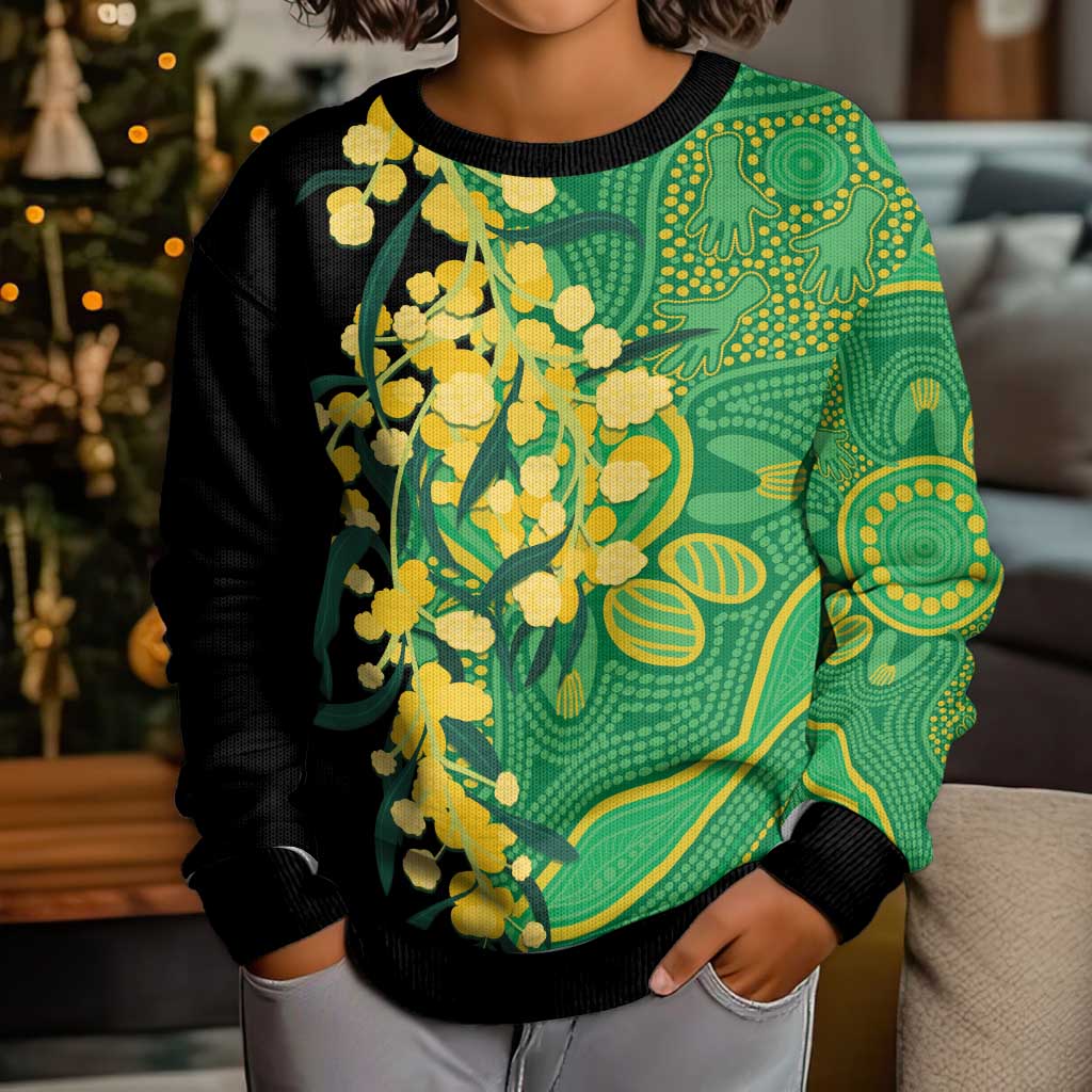 Australia Golden Wattle Kid Ugly Christmas Sweater Aussie Native Flowers Indigenous Art - Aussie Hoodie