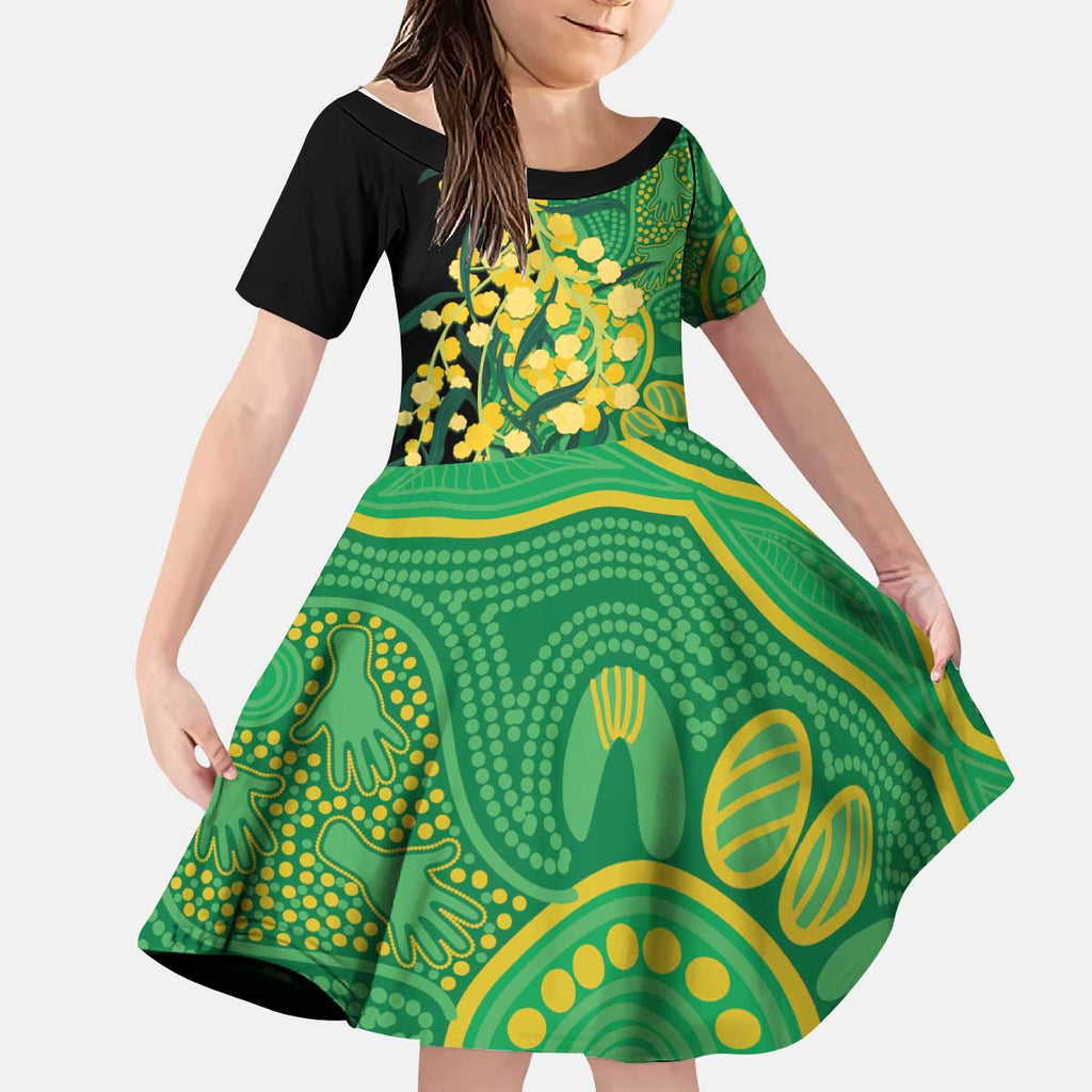 Australia Golden Wattle Kid Short Sleeve Dress Aussie Native Flowers Indigenous Art - Aussie Hoodie