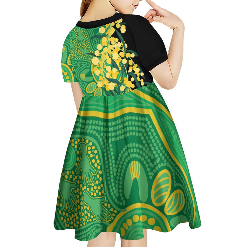 Australia Golden Wattle Kid Short Sleeve Dress Aussie Native Flowers Indigenous Art - Aussie Hoodie