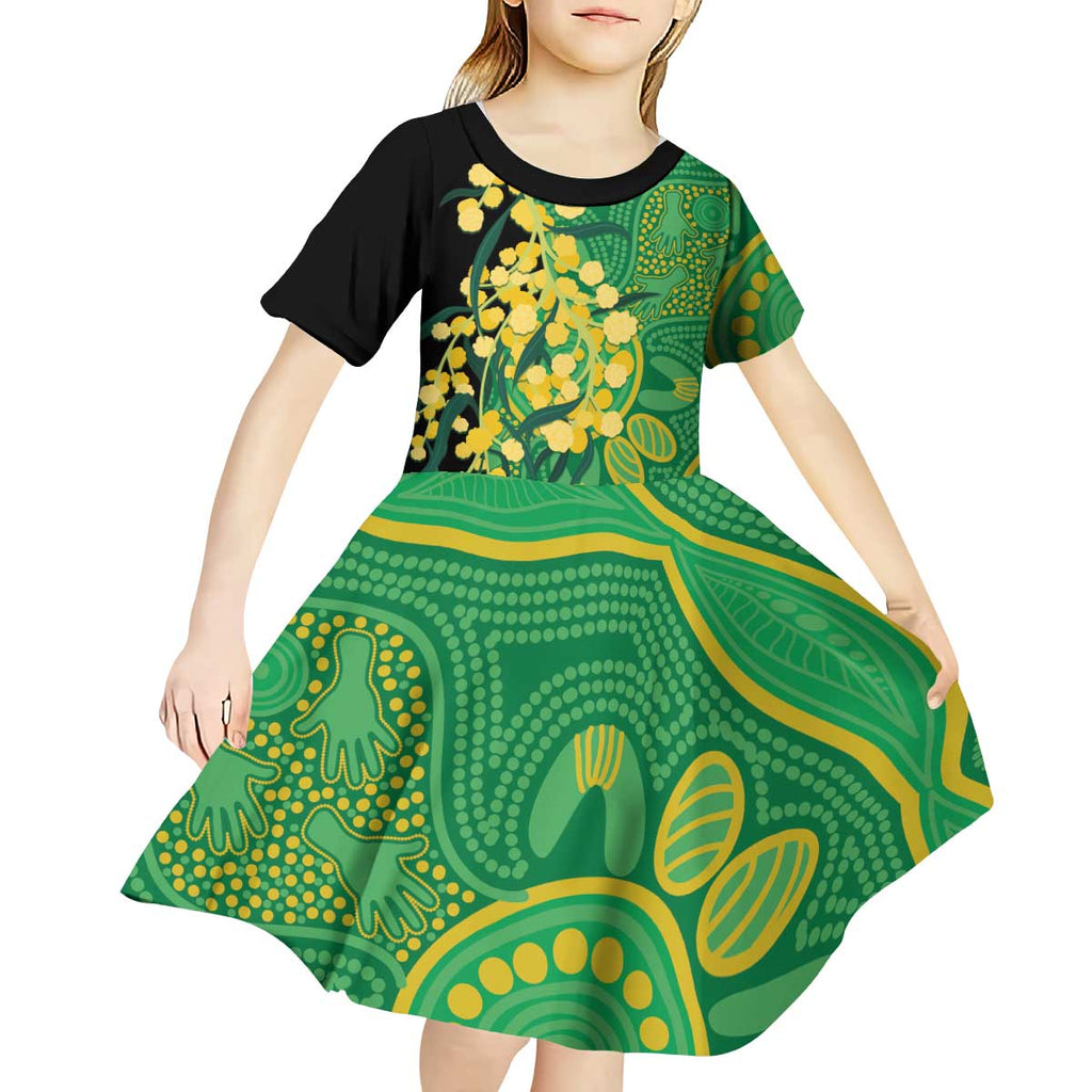 Australia Golden Wattle Kid Short Sleeve Dress Aussie Native Flowers Indigenous Art - Aussie Hoodie