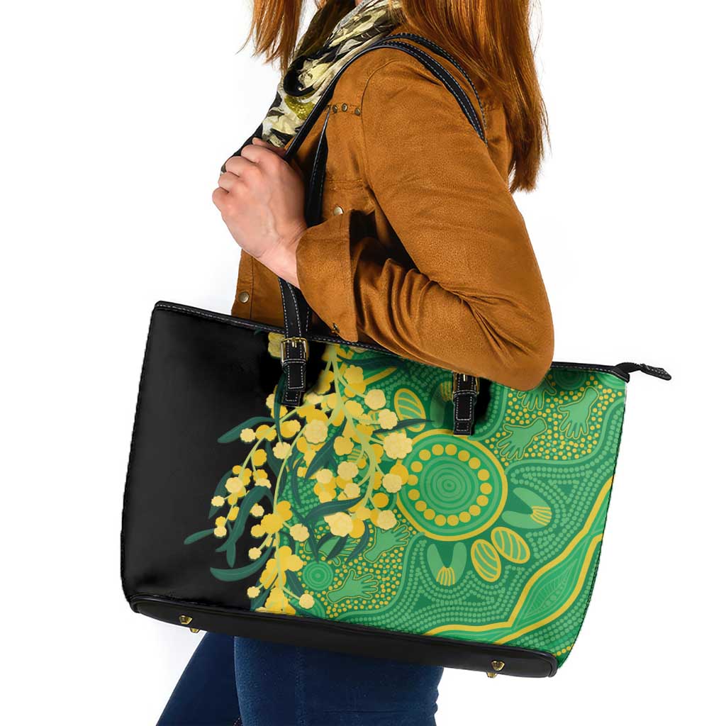 Australia Golden Wattle Leather Tote Bag Aussie Native Flowers Indigenous Art - Aussie Hoodie