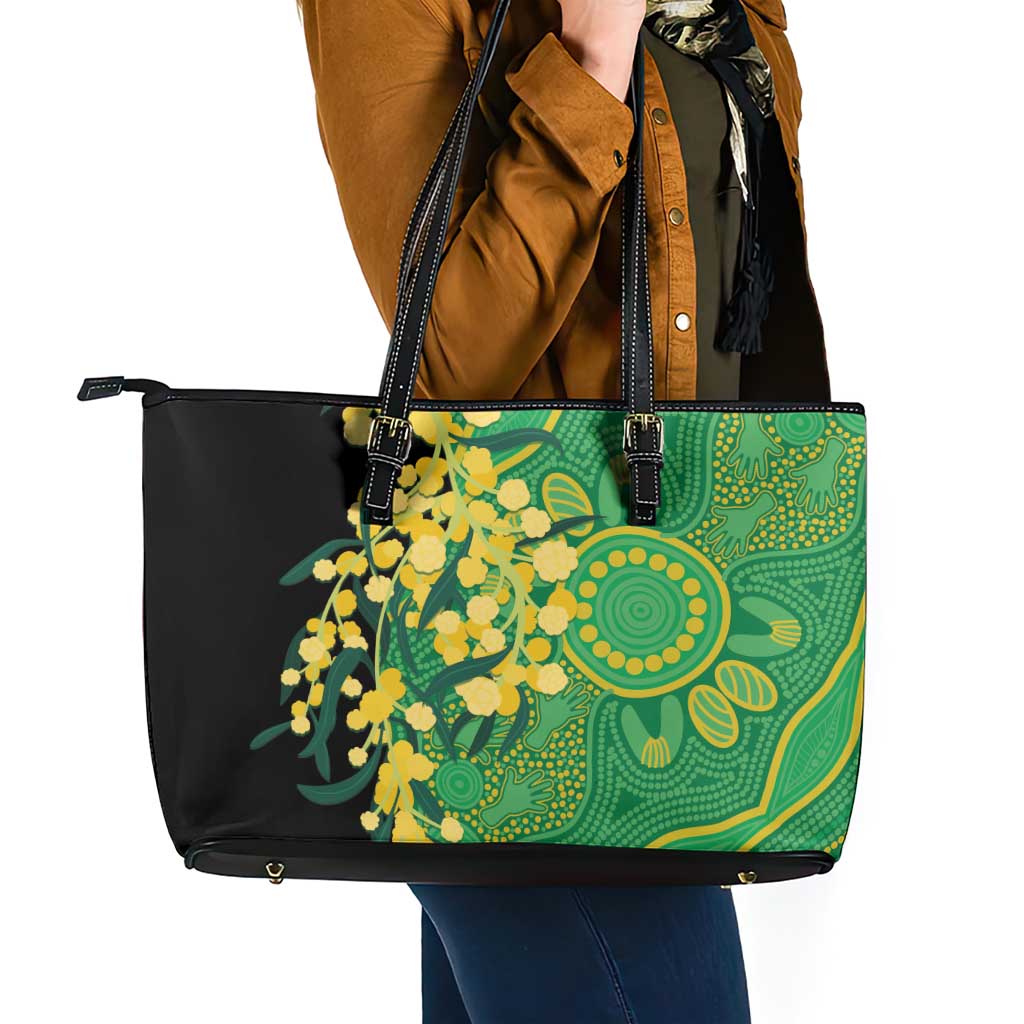 Australia Golden Wattle Leather Tote Bag Aussie Native Flowers Indigenous Art - Aussie Hoodie