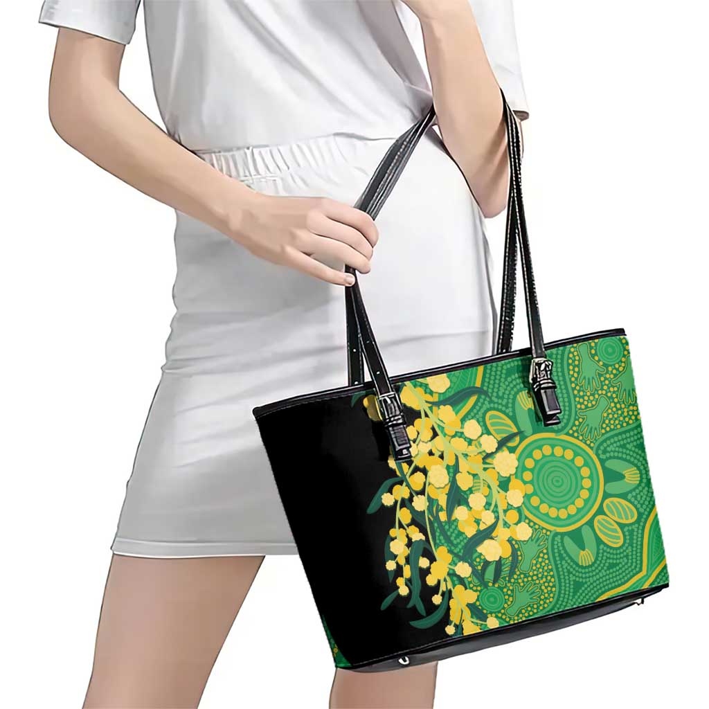 Australia Golden Wattle Leather Tote Bag Aussie Native Flowers Indigenous Art - Aussie Hoodie