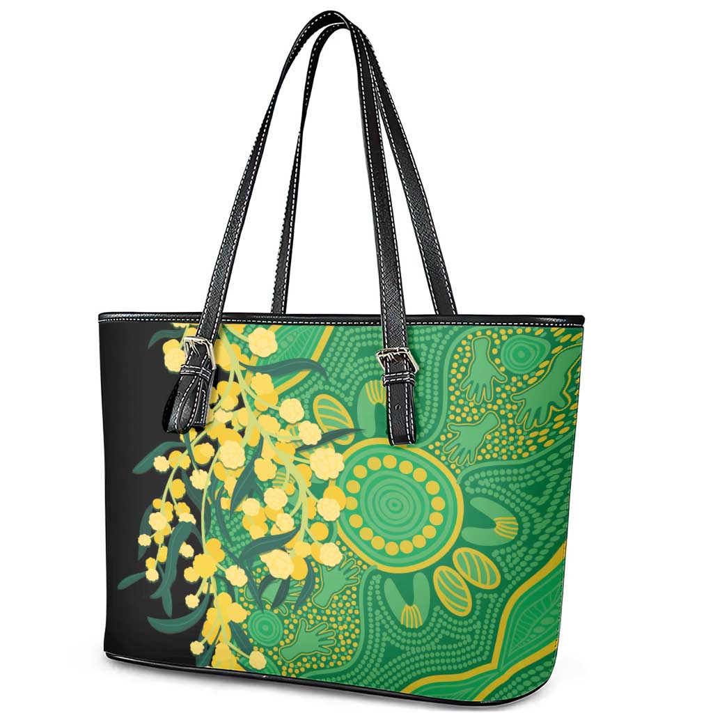 Australia Golden Wattle Leather Tote Bag Aussie Native Flowers Indigenous Art - Aussie Hoodie