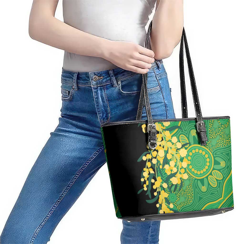 Australia Golden Wattle Leather Tote Bag Aussie Native Flowers Indigenous Art - Aussie Hoodie