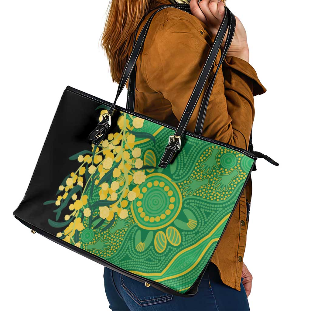 Australia Golden Wattle Leather Tote Bag Aussie Native Flowers Indigenous Art - Aussie Hoodie