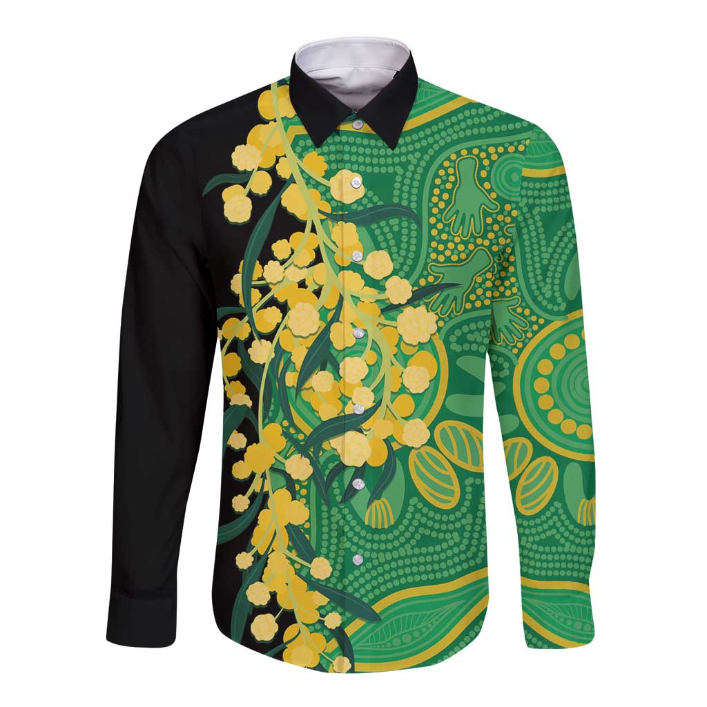 Australia Golden Wattle Long Sleeve Button Shirt Aussie Native Flowers Indigenous Art - Aussie Hoodie