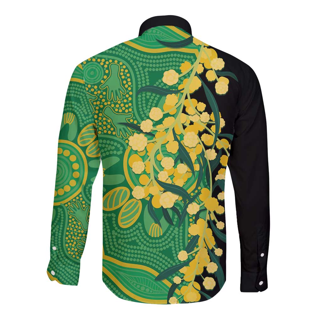 Australia Golden Wattle Long Sleeve Button Shirt Aussie Native Flowers Indigenous Art - Aussie Hoodie