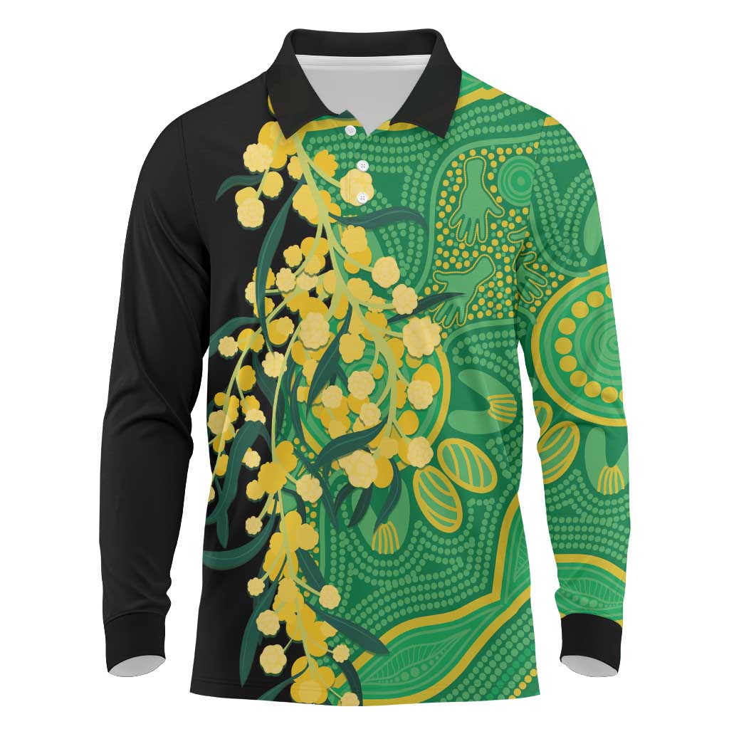Australia Golden Wattle Long Sleeve Polo Shirt Aussie Native Flowers Indigenous Art - Aussie Hoodie