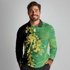 Australia Golden Wattle Long Sleeve Polo Shirt Aussie Native Flowers Indigenous Art - Aussie Hoodie