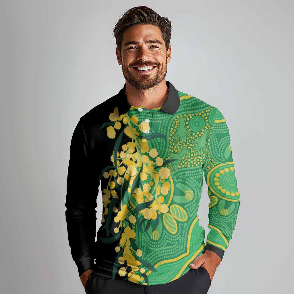 Australia Golden Wattle Long Sleeve Polo Shirt Aussie Native Flowers Indigenous Art - Aussie Hoodie