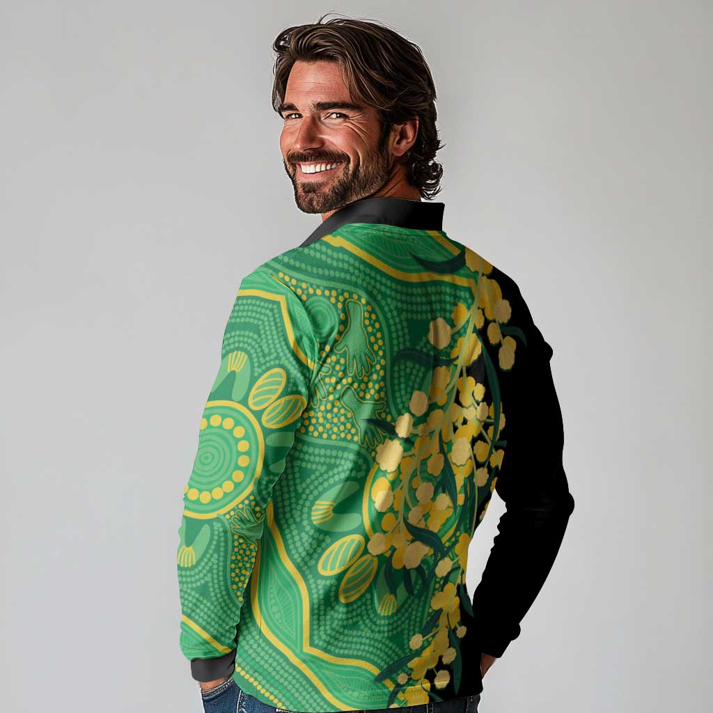 Australia Golden Wattle Long Sleeve Polo Shirt Aussie Native Flowers Indigenous Art - Aussie Hoodie