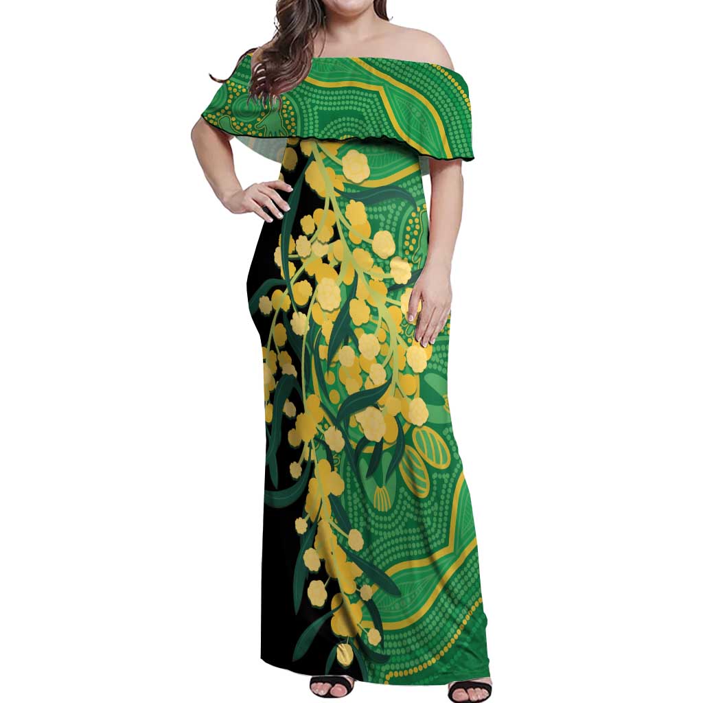 Australia Golden Wattle Off Shoulder Maxi Dress Aussie Native Flowers Indigenous Art - Aussie Hoodie