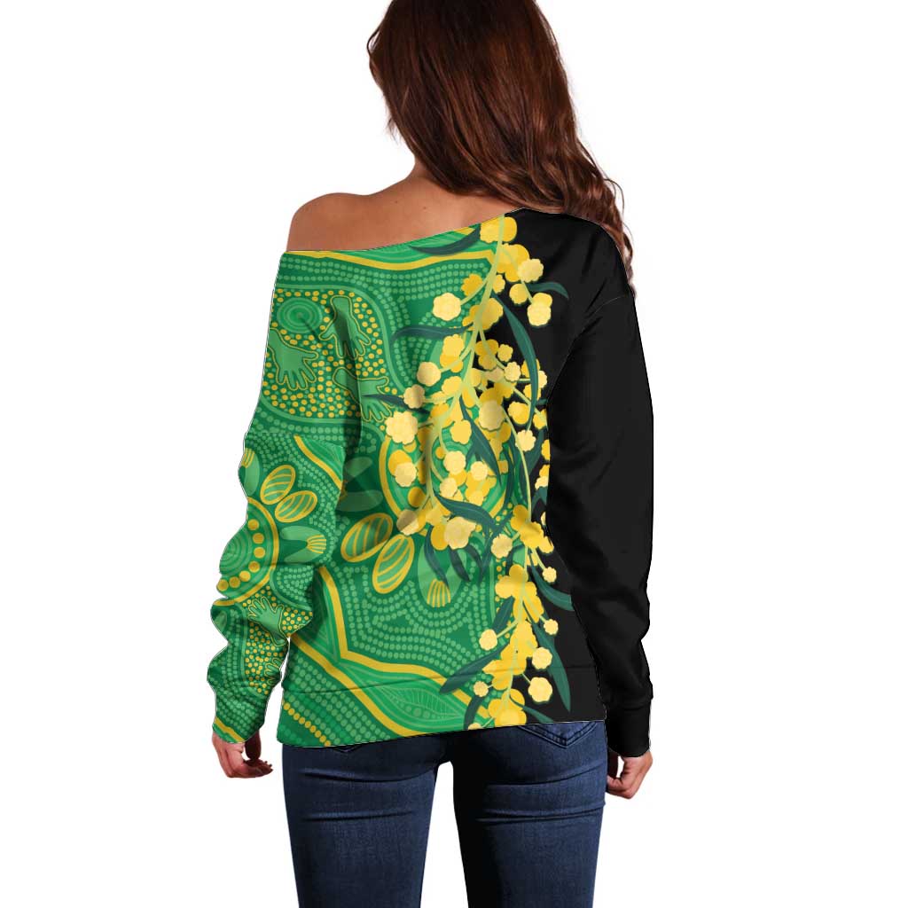 Australia Golden Wattle Off Shoulder Sweater Aussie Native Flowers Indigenous Art - Aussie Hoodie