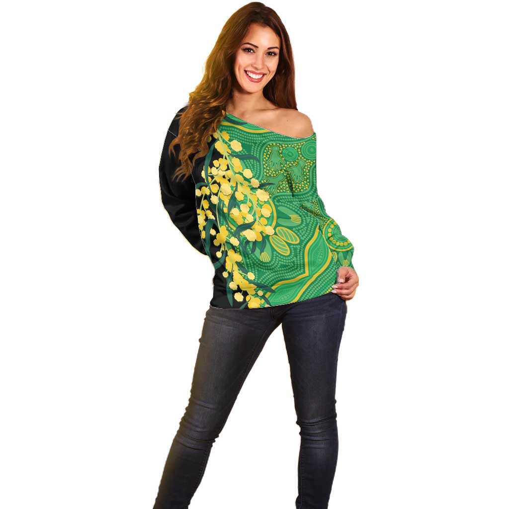 Australia Golden Wattle Off Shoulder Sweater Aussie Native Flowers Indigenous Art - Aussie Hoodie