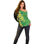 Australia Golden Wattle Off Shoulder Sweater Aussie Native Flowers Indigenous Art - Aussie Hoodie