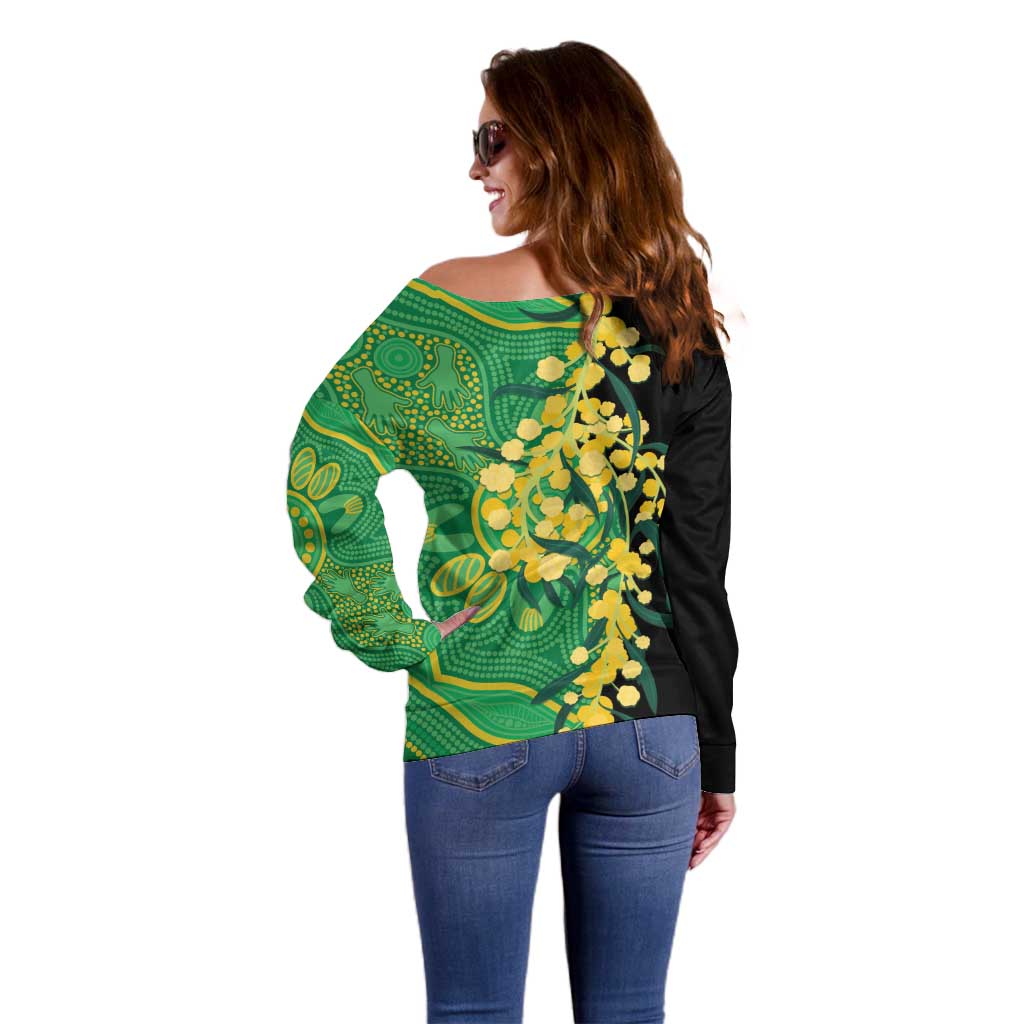 Australia Golden Wattle Off Shoulder Sweater Aussie Native Flowers Indigenous Art - Aussie Hoodie