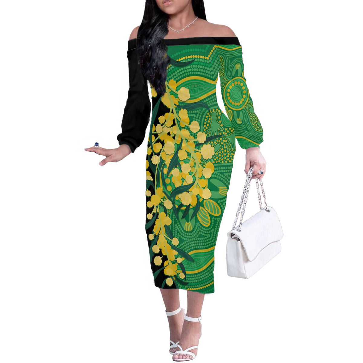 Australia Golden Wattle Off The Shoulder Long Sleeve Dress Aussie Native Flowers Indigenous Art - Aussie Hoodie