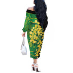 Australia Golden Wattle Off The Shoulder Long Sleeve Dress Aussie Native Flowers Indigenous Art - Aussie Hoodie