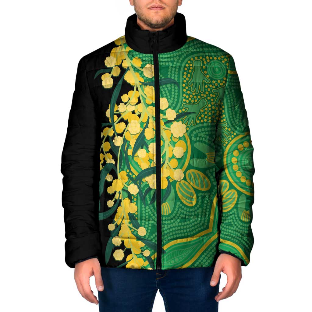 Australia Golden Wattle Padded Jacket Aussie Native Flowers Indigenous Art - Aussie Hoodie