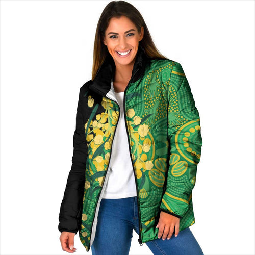 Australia Golden Wattle Padded Jacket Aussie Native Flowers Indigenous Art - Aussie Hoodie