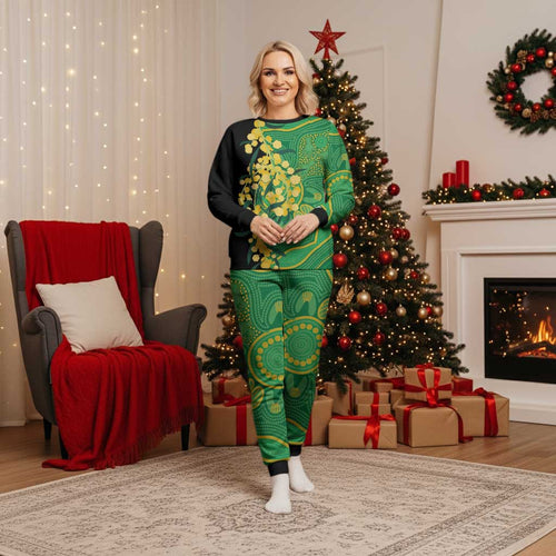 Australia Golden Wattle Christmas Pajama Set Aussie Native Flowers Indigenous Art - Aussie Hoodie
