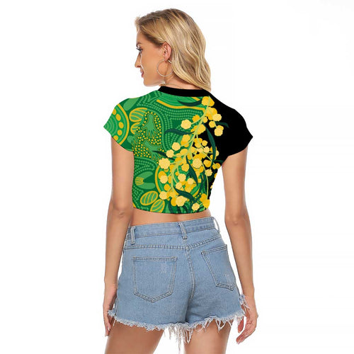 Australia Golden Wattle Raglan Cropped T Shirt Aussie Native Flowers Indigenous Art - Aussie Hoodie