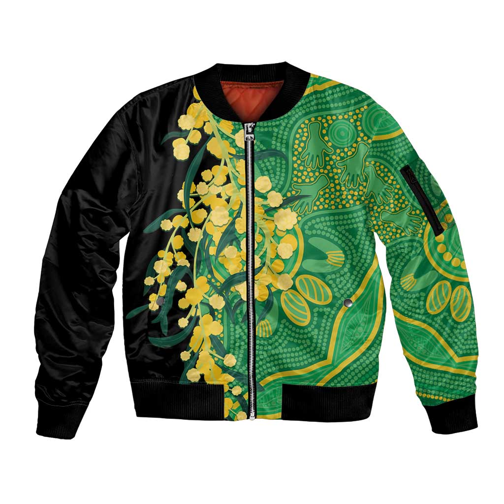 Australia Golden Wattle Sleeve Zip Bomber Jacket Aussie Native Flowers Indigenous Art - Aussie Hoodie