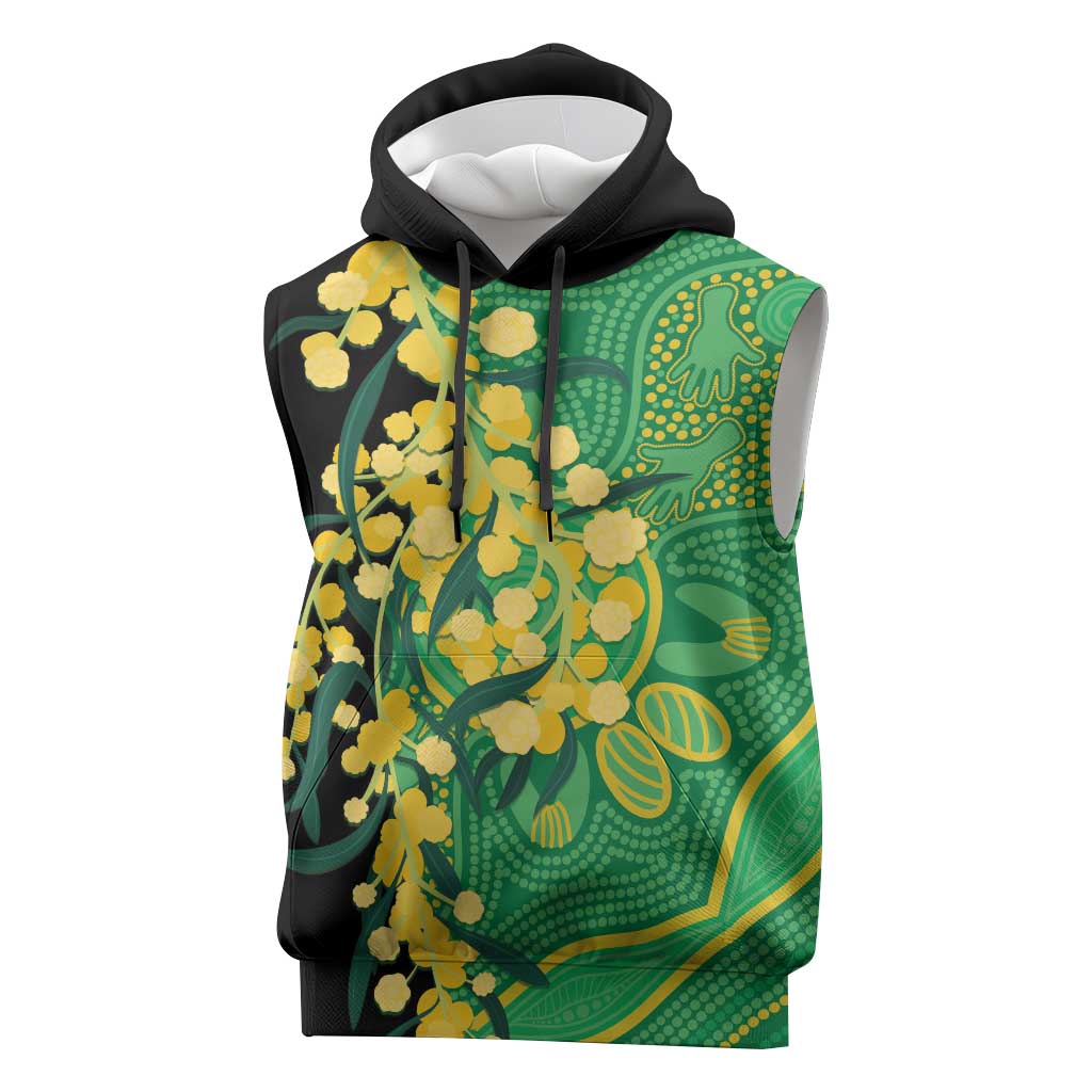 Australia Golden Wattle Sleeveless Hoodie Aussie Native Flowers Indigenous Art - Aussie Hoodie