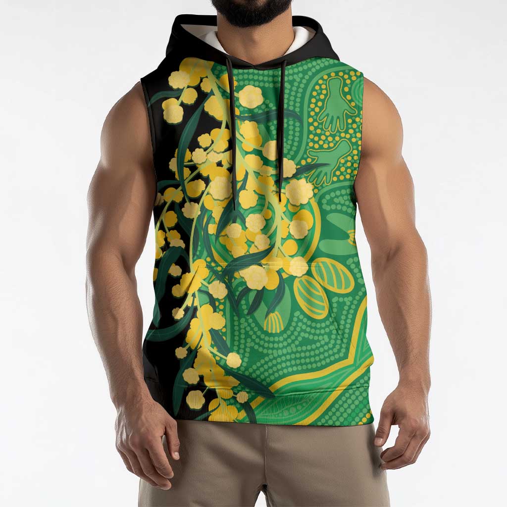 Australia Golden Wattle Sleeveless Hoodie Aussie Native Flowers Indigenous Art - Aussie Hoodie