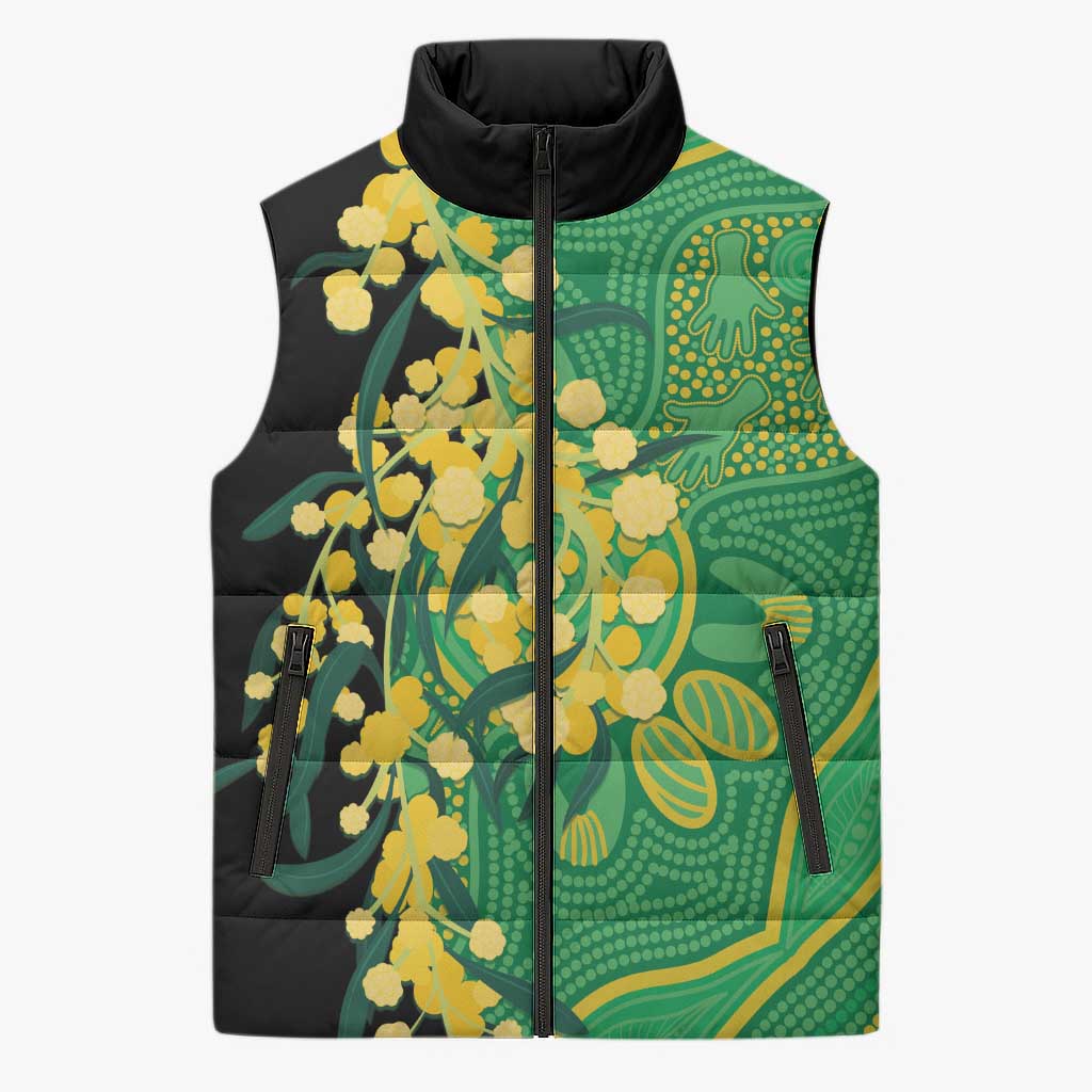 Australia Golden Wattle Sleeveless Puffer Jacket Aussie Native Flowers Indigenous Art - Aussie Hoodie