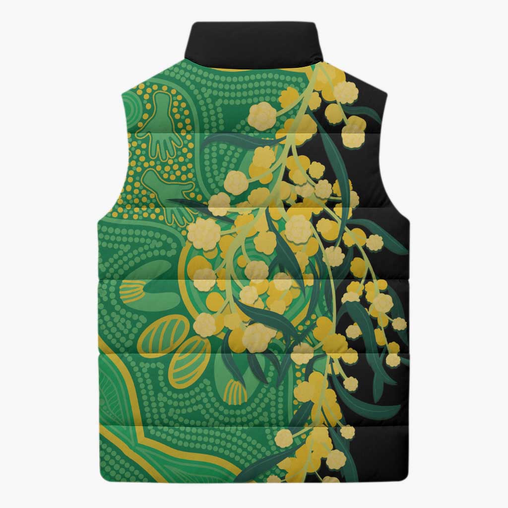 Australia Golden Wattle Sleeveless Puffer Jacket Aussie Native Flowers Indigenous Art - Aussie Hoodie