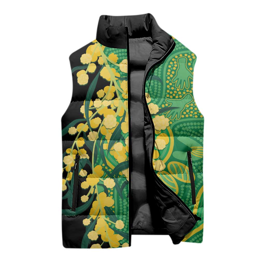 Australia Golden Wattle Sleeveless Puffer Jacket Aussie Native Flowers Indigenous Art - Aussie Hoodie