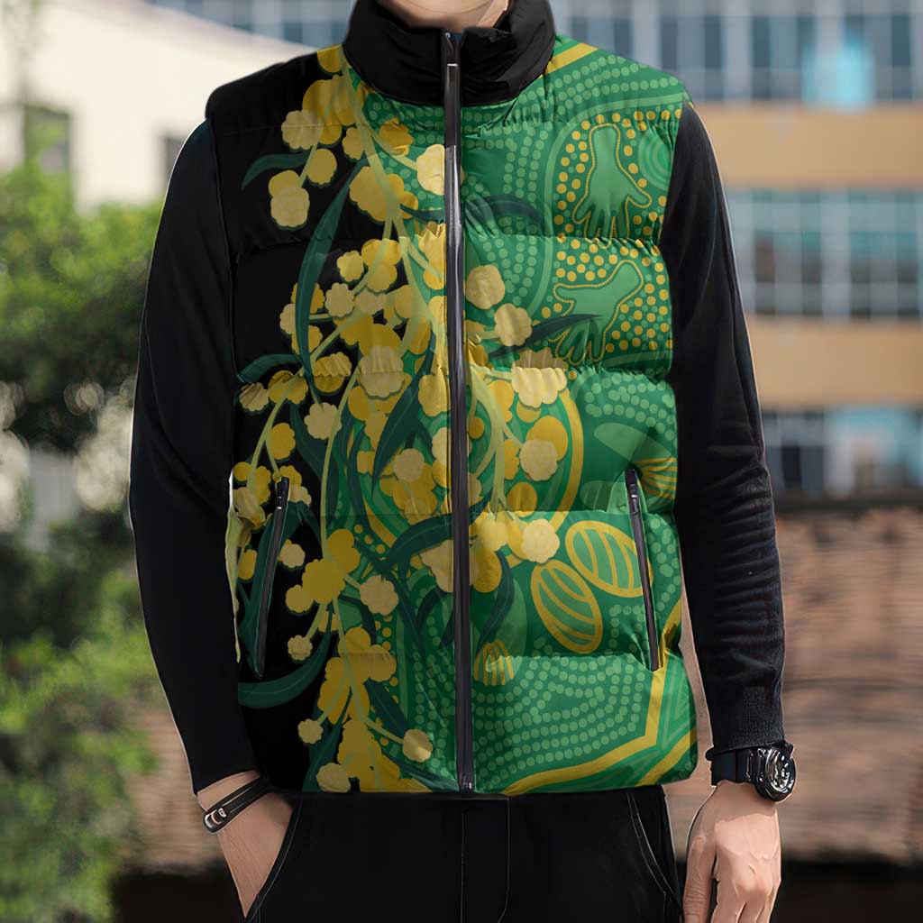 Australia Golden Wattle Sleeveless Puffer Jacket Aussie Native Flowers Indigenous Art - Aussie Hoodie