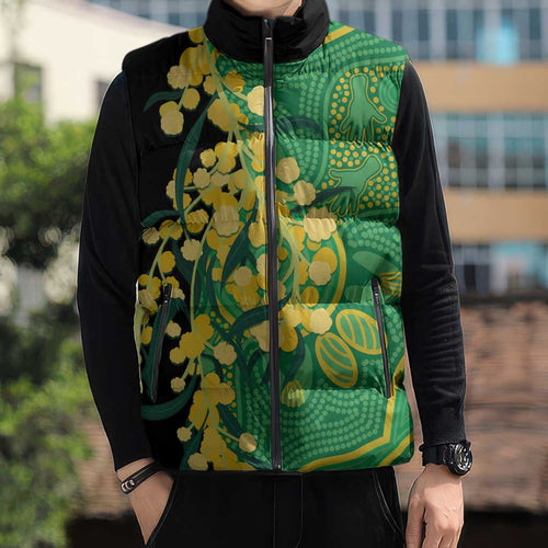 Australia Golden Wattle Sleeveless Puffer Jacket Aussie Native Flowers Indigenous Art - Aussie Hoodie